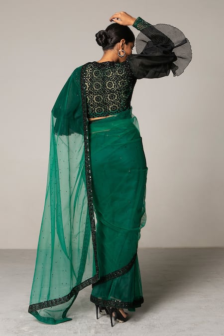 Shop Siddartha Tytler Green Organza, Net Crystal And Crochet Work, Embellished Saree With Blouse at Aza Fashions Shop_Siddartha Tytler_Green Organza, Net Crystal And Crochet Work, Embellished Saree With Blouse _at_Aza_Fashions