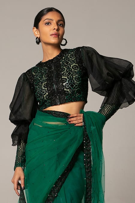 Siddartha Tytler Green Organza, Net Crystal And Crochet Work, Embellished Saree With Blouse Online at Aza Fashions Siddartha Tytler_Green Organza, Net Crystal And Crochet Work, Embellished Saree With Blouse _Online_at_Aza_Fashions