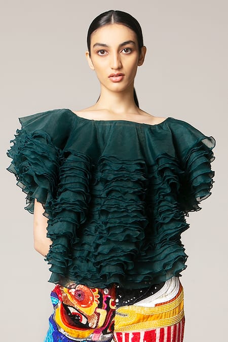 Siddartha Tytler Green Organza Boat Ruffled Top  