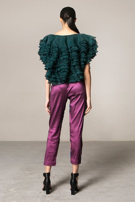 Shop Siddartha Tytler Green Organza Boat Ruffled Top at Aza Fashions Shop_Siddartha Tytler_Green Organza Boat Ruffled Top _at_Aza_Fashions