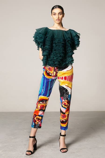 Siddartha Tytler Green Organza Boat Ruffled Top Online at Aza Fashions Siddartha Tytler_Green Organza Boat Ruffled Top _Online_at_Aza_Fashions