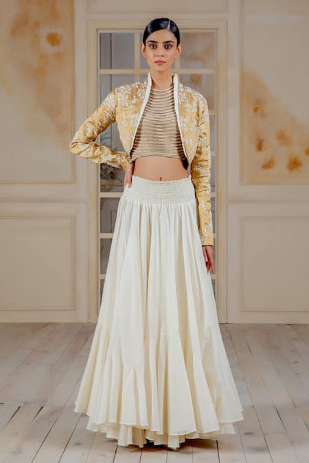 Siddartha Tytler Gold Net, Lame Striped Crop Top Online at Aza Fashions Siddartha Tytler_Gold Net, Lame Striped Crop Top _Online_at_Aza_Fashions