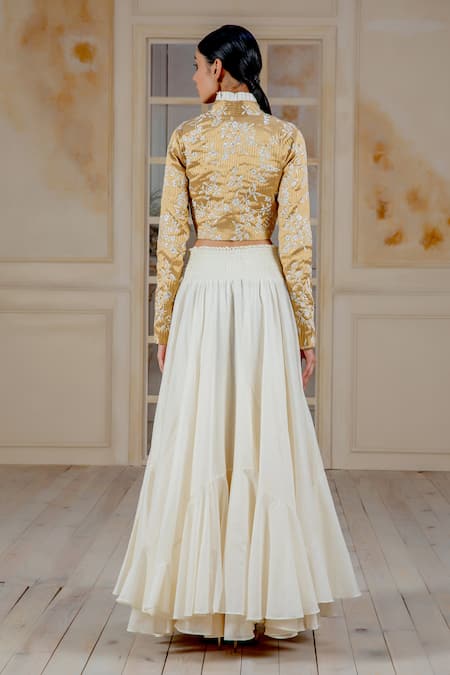 Shop Siddartha Tytler Gold Net, Lame Striped Crop Top at Aza Fashions Shop_Siddartha Tytler_Gold Net, Lame Striped Crop Top _at_Aza_Fashions