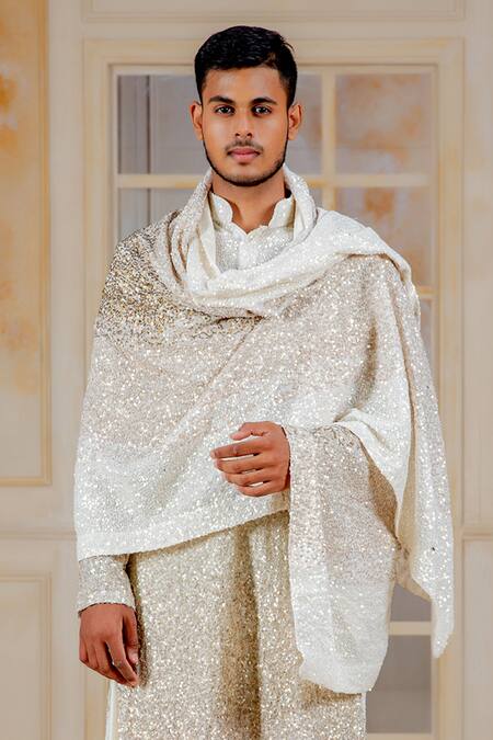 Siddartha Tytler_White Sequin Embellished Dupatta _Online_at_Aza_Fashions
