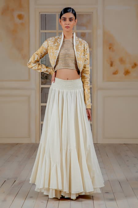 Siddartha Tytler_Gold Silk Lame High Neck Collar Quilted Cropped Jacket _Online_at_Aza_Fashions