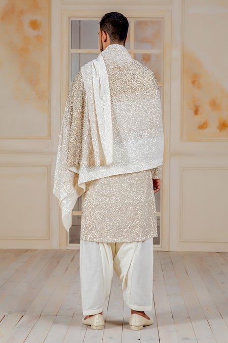 Shop Siddartha Tytler Beige Kurta Georgette Pants Mushroom Silk Embroidered And Dhoti Set at Aza Fashions Shop_Siddartha Tytler_Beige Kurta Georgette Pants Mushroom Silk Embroidered And Dhoti Set _at_Aza_Fashions