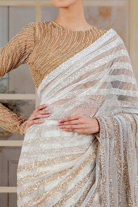 Siddartha Tytler_Gold Net Round Striped Saree With Blouse _Online_at_Aza_Fashions