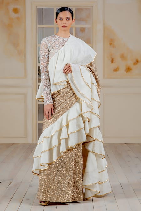 Siddartha Tytler Gold Net Embroidery Round Chanderi Ruffle Saree With Blouse 