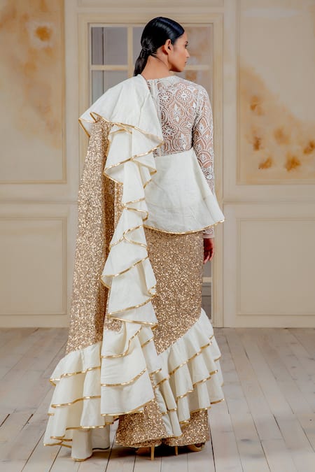 Shop Siddartha Tytler Gold Net, Chanderi Round Ruffle Saree With Blouse at Aza Fashions Shop_Siddartha Tytler_Gold Net, Chanderi Round Ruffle Saree With Blouse _at_Aza_Fashions