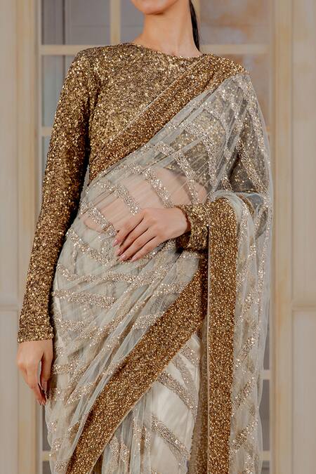 Siddartha Tytler_Beige Net Round Embroidered Saree With Blouse _Online_at_Aza_Fashions