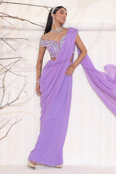 Seema Thukral Purple Georgette And Chiffon Lining Satin Glass Pleated Pant Saree With Blouse Online at Aza Fashions Seema Thukral_Purple Georgette And Chiffon Lining Satin Glass Pleated Pant Saree With Blouse _Online_at_Aza_Fashions