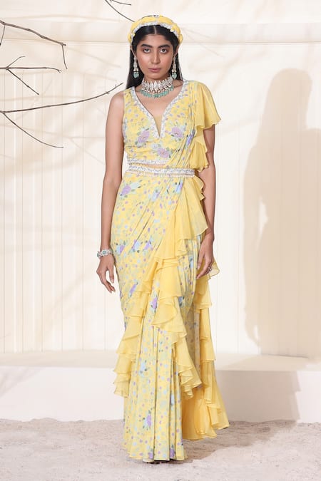 Seema Thukral Yellow Georgette, Organza, Satin Beads, Pearls, Floral Print Saree With Blouse For Kids Online at Aza Fashions Seema Thukral_Yellow Georgette, Organza, Satin Beads, Pearls, Floral Print Saree With Blouse For Kids_Online_at_Aza_Fashions