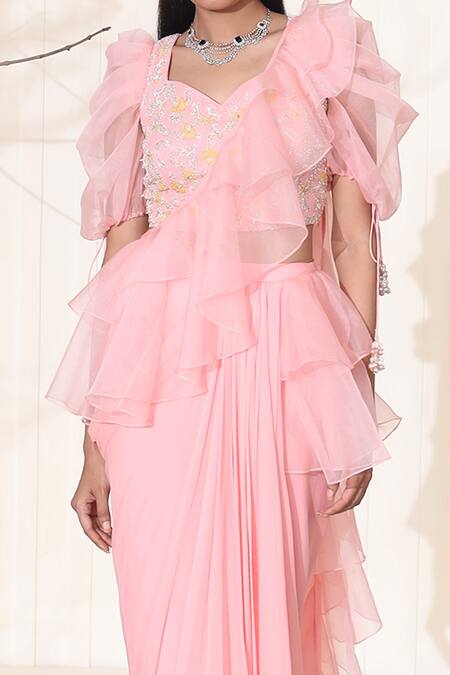 Buy_Seema Thukral_Pink Chiffon And Organza Lining Satin Glass Beads, Pre-draped Saree With Blouse _Online_at_Aza_Fashions