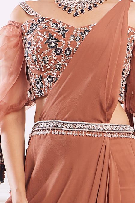 Seema Thukral_Brown Georgette, Organza Lining Satin Pre-draped Saree With Blouse_Online_at_Aza_Fashions