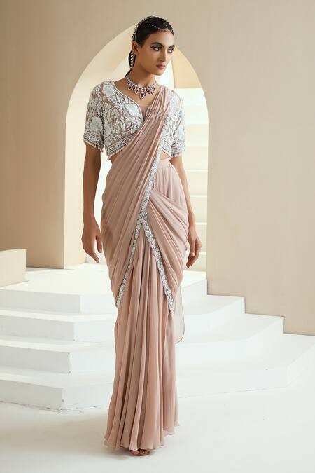 Seema Thukral_Beige Georgette, Lining Satin Floral Pre-draped Saree With Embroidered Choli _Online_at_Aza_Fashions