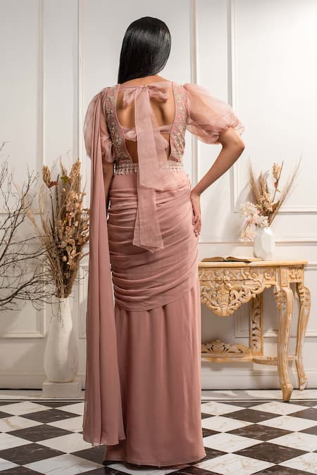 Shop Seema Thukral Pink Organza, Pure Georgette Leaf Neck Embroidered Saree Gown at Aza Fashions Shop_Seema Thukral_Pink Organza, Pure Georgette Leaf Neck Embroidered Saree Gown _at_Aza_Fashions