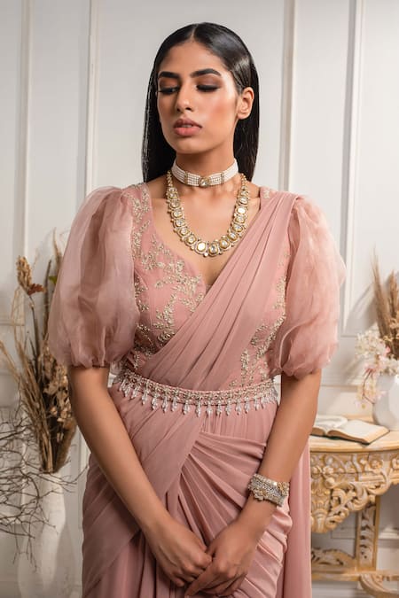Seema Thukral Pink Organza, Pure Georgette Leaf Neck Embroidered Saree Gown Online at Aza Fashions Seema Thukral_Pink Organza, Pure Georgette Leaf Neck Embroidered Saree Gown _Online_at_Aza_Fashions