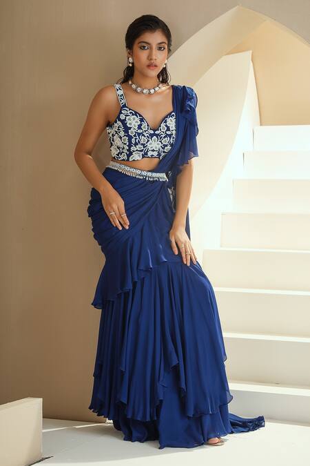 Seema Thukral Blue Belt Chanderi, Choli Georgette, Lining Satin, Pre-draped Ruffle With Online at Aza Fashions Seema Thukral_Blue Belt Chanderi, Choli Georgette, Lining Satin, Pre-draped Ruffle With _Online_at_Aza_Fashions