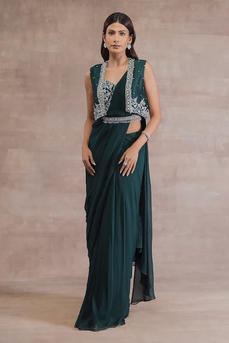 Seema Thukral Green Jacket Chanderi, Saree And Blouse Chiffon, Satin Lining Pre-draped & Set 