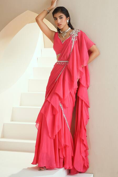 Seema Thukral Pink Belt Chanderi, Blouse Georgette, Lining Pre-draped Ruffle With Choli Online at Aza Fashions Seema Thukral_Pink Belt Chanderi, Blouse Georgette, Lining Pre-draped Ruffle With Choli _Online_at_Aza_Fashions