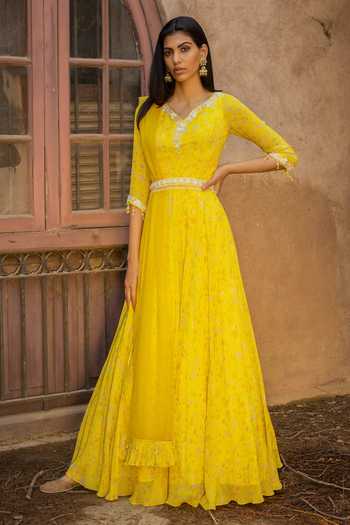 Buy Seema Thukral Yellow Printed Anarkali With Dupatta at Aza Fashions Buy_Seema Thukral_Yellow Printed Anarkali With Dupatta_at_Aza_Fashions