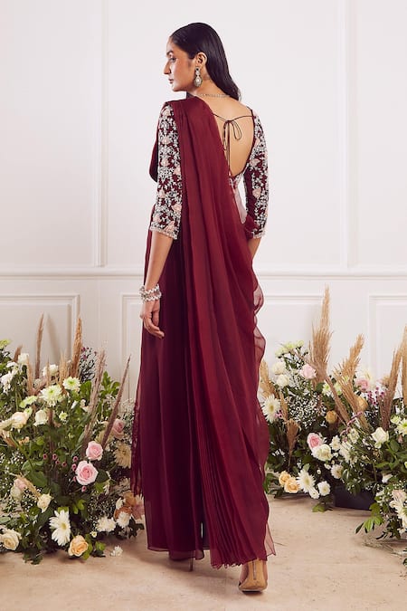 Shop Seema Thukral Maroon Blouse And Pant Georgette Stitched Pallu Organza Draped Saree With at Aza Fashions Shop_Seema Thukral_Maroon Blouse And Pant Georgette Stitched Pallu Organza Draped Saree With _at_Aza_Fashions