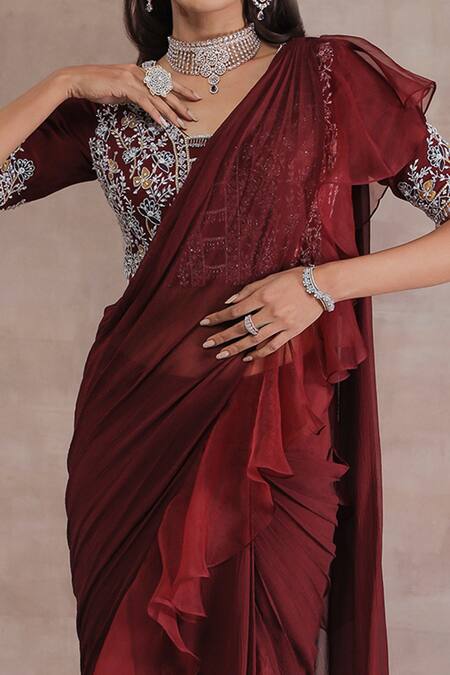 Seema Thukral Maroon Organza, Blouse Georgette, Saree Chiffon, Satin Ruffle Pre-draped Set Online at Aza Fashions Seema Thukral_Maroon Organza, Blouse Georgette, Saree Chiffon, Satin Ruffle Pre-draped Set _Online_at_Aza_Fashions