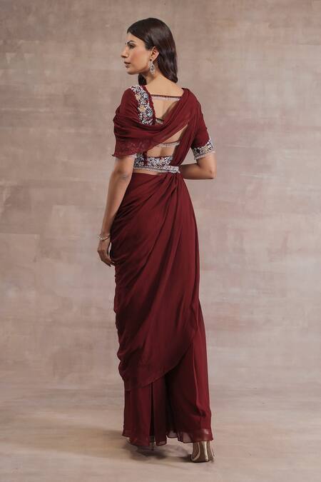 Seema Thukral Maroon Pallu Chiffon Embroidered Floral Pre-draped Pant Saree Set  2