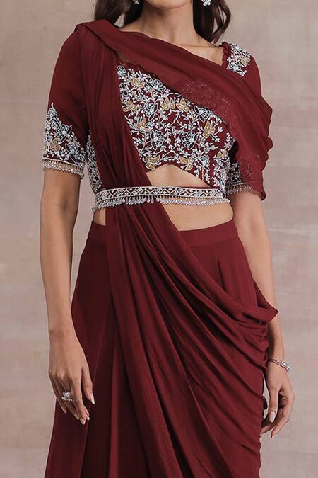 Seema Thukral Maroon Pallu Chiffon Embroidered Floral Pre-draped Pant Saree Set  3