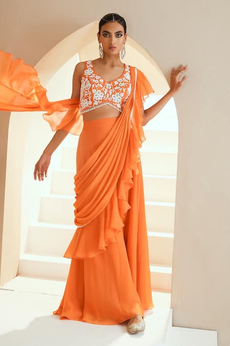 Seema Thukral Orange Choli Georgette Embroidered Floral Motifs V Sharara Saree With 