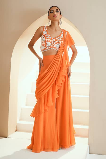 Seema Thukral_Orange Choli Georgette, Lining Satin, Pallu Chiffon And Saree With Embroidered _Online_at_Aza_Fashions