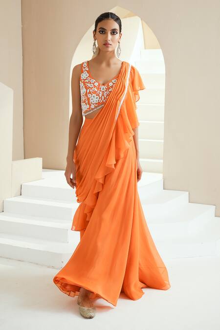 Buy_Seema Thukral_Orange Choli Georgette, Lining Satin, Pallu Chiffon And Saree With Embroidered _Online_at_Aza_Fashions