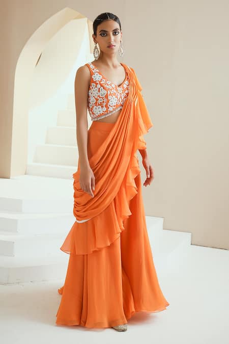 Shop_Seema Thukral_Orange Choli Georgette, Lining Satin, Pallu Chiffon And Saree With Embroidered _Online_at_Aza_Fashions
