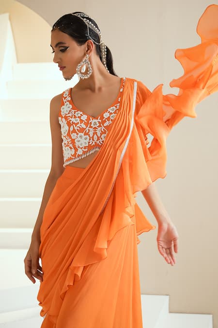 Seema Thukral_Orange Choli Georgette, Lining Satin, Pallu Chiffon And Saree With Embroidered _at_Aza_Fashions
