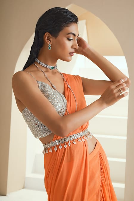 Buy Seema Thukral Orange Belt Chanderi, Blouse Georgette, Lining Pre-draped Ruffle With Choli Online at Aza Fashions Buy_Seema Thukral_Orange Belt Chanderi, Blouse Georgette, Lining Pre-draped Ruffle With Choli _Online_at_Aza_Fashions
