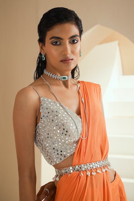 Shop Seema Thukral Orange Belt Chanderi, Blouse Georgette, Lining Pre-draped Ruffle With Choli Online at Aza Fashions Shop_Seema Thukral_Orange Belt Chanderi, Blouse Georgette, Lining Pre-draped Ruffle With Choli _Online_at_Aza_Fashions