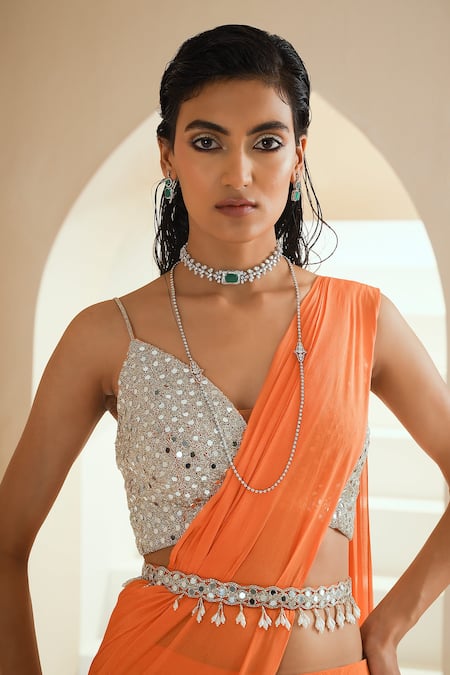 Seema Thukral Orange Belt Chanderi, Blouse Georgette, Lining Pre-draped Ruffle With Choli at Aza Fashions Seema Thukral_Orange Belt Chanderi, Blouse Georgette, Lining Pre-draped Ruffle With Choli _at_Aza_Fashions