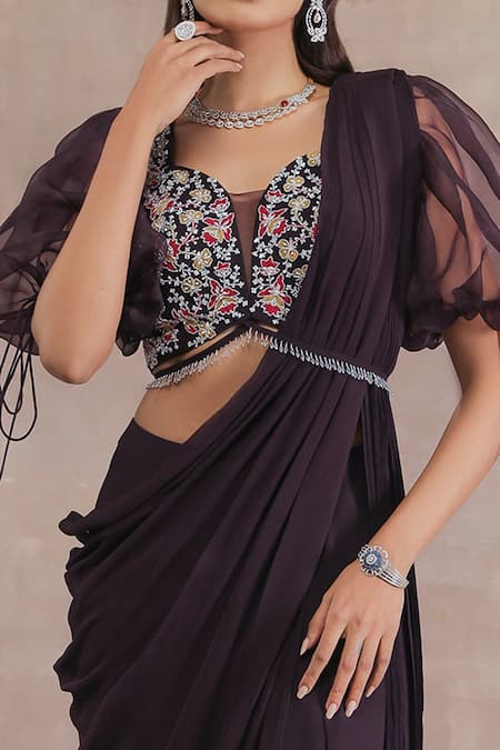 Seema Thukral_Purple Blouse And Pant Chiffon, Pallu Georgette, Satin Pre-draped Saree Set_Online_at_Aza_Fashions