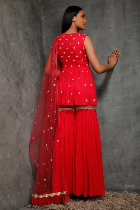 Shop_Seema Thukral_Pink Net, Pure Georgette, Satin Lining Notched Embroidered Kurta And Sharara Set _at_Aza_Fashions