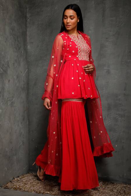 Seema Thukral_Pink Net, Pure Georgette, Satin Lining Notched Embroidered Kurta And Sharara Set _Online_at_Aza_Fashions