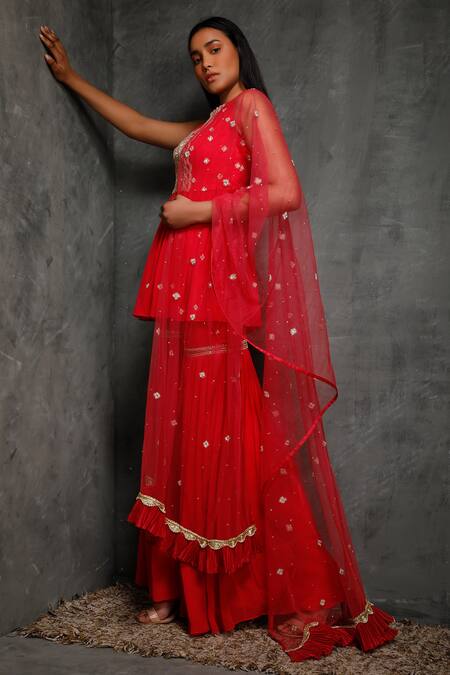 Buy_Seema Thukral_Pink Net, Pure Georgette, Satin Lining Notched Embroidered Kurta And Sharara Set _Online_at_Aza_Fashions