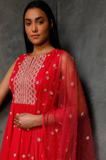 Shop_Seema Thukral_Pink Net, Pure Georgette, Satin Lining Notched Embroidered Kurta And Sharara Set _Online_at_Aza_Fashions