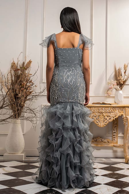 Shop Seema Thukral Blue Organza, Pure Georgette Sweetheart Neck Embroidered Ruffle Gown at Aza Fashions Shop_Seema Thukral_Blue Organza, Pure Georgette Sweetheart Neck Embroidered Ruffle Gown _at_Aza_Fashions