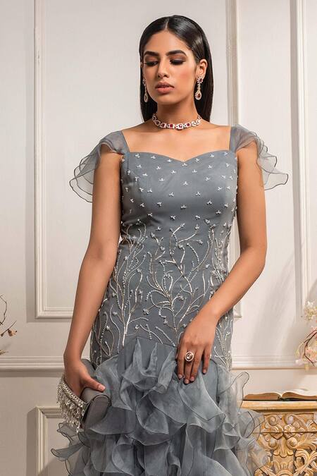 Buy Seema Thukral Blue Organza, Pure Georgette Sweetheart Neck Embroidered Ruffle Gown Online at Aza Fashions Buy_Seema Thukral_Blue Organza, Pure Georgette Sweetheart Neck Embroidered Ruffle Gown _Online_at_Aza_Fashions