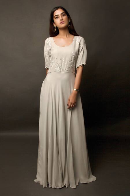 Jasmine Bains Grey Cupro Georgette Scoop Neck Embroidered Gown Online at Aza Fashions Jasmine Bains_Grey Cupro Georgette Scoop Neck Embroidered Gown _Online_at_Aza_Fashions