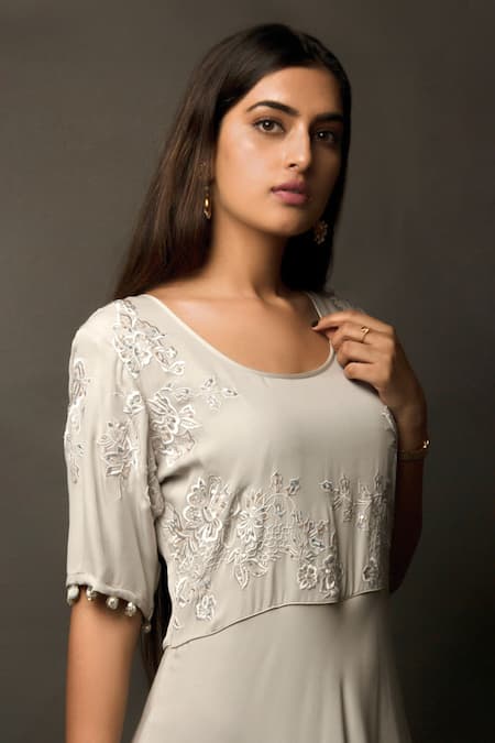 Buy Jasmine Bains Grey Cupro Georgette Scoop Neck Embroidered Gown Online at Aza Fashions Buy_Jasmine Bains_Grey Cupro Georgette Scoop Neck Embroidered Gown _Online_at_Aza_Fashions
