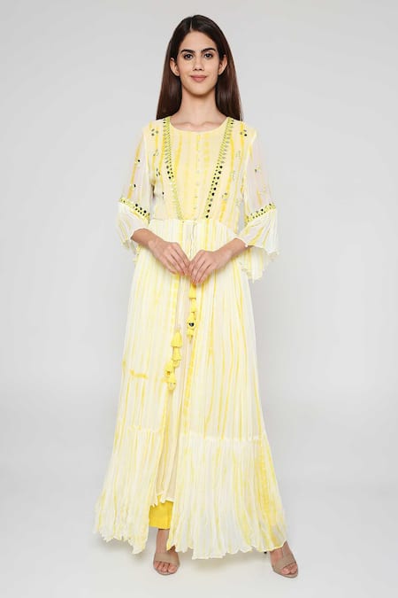 Bha Sha_Yellow Georgette, Silk Mirrors, Embroidery, Steffi Hand Jacket With Kurta Set _Online_at_Aza_Fashions