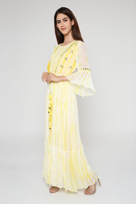 Buy_Bha Sha_Yellow Georgette, Silk Mirrors, Embroidery, Steffi Hand Jacket With Kurta Set _Online_at_Aza_Fashions