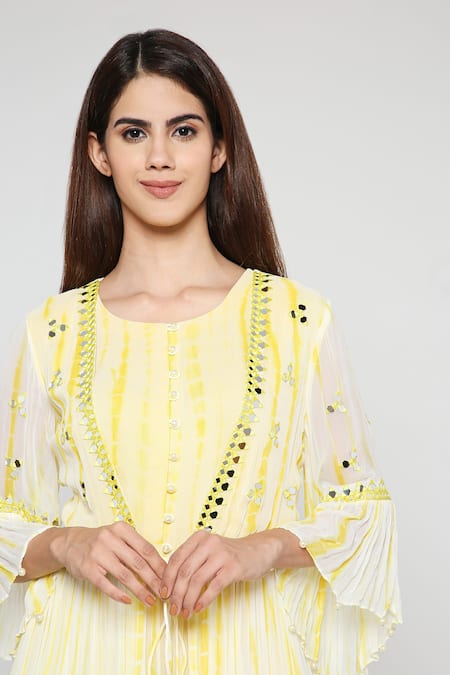 Shop_Bha Sha_Yellow Georgette, Silk Mirrors, Embroidery, Steffi Hand Jacket With Kurta Set _Online_at_Aza_Fashions