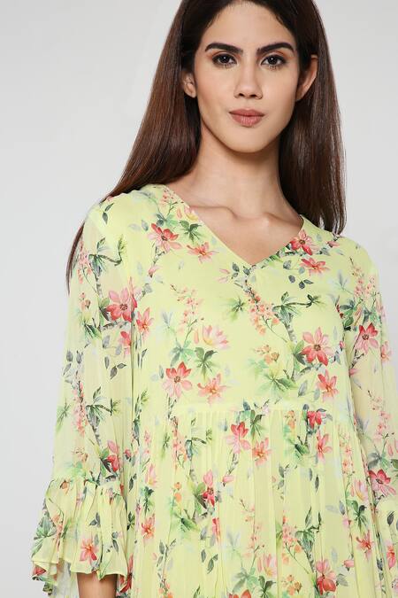 Shop Bha Sha Green Georgette, Satin V-neck Stella Floral Print Tunic And Straight Pant Set Online at Aza Fashions Shop_Bha Sha_Green Georgette, Satin V-neck Stella Floral Print Tunic And Straight Pant Set _Online_at_Aza_Fashions